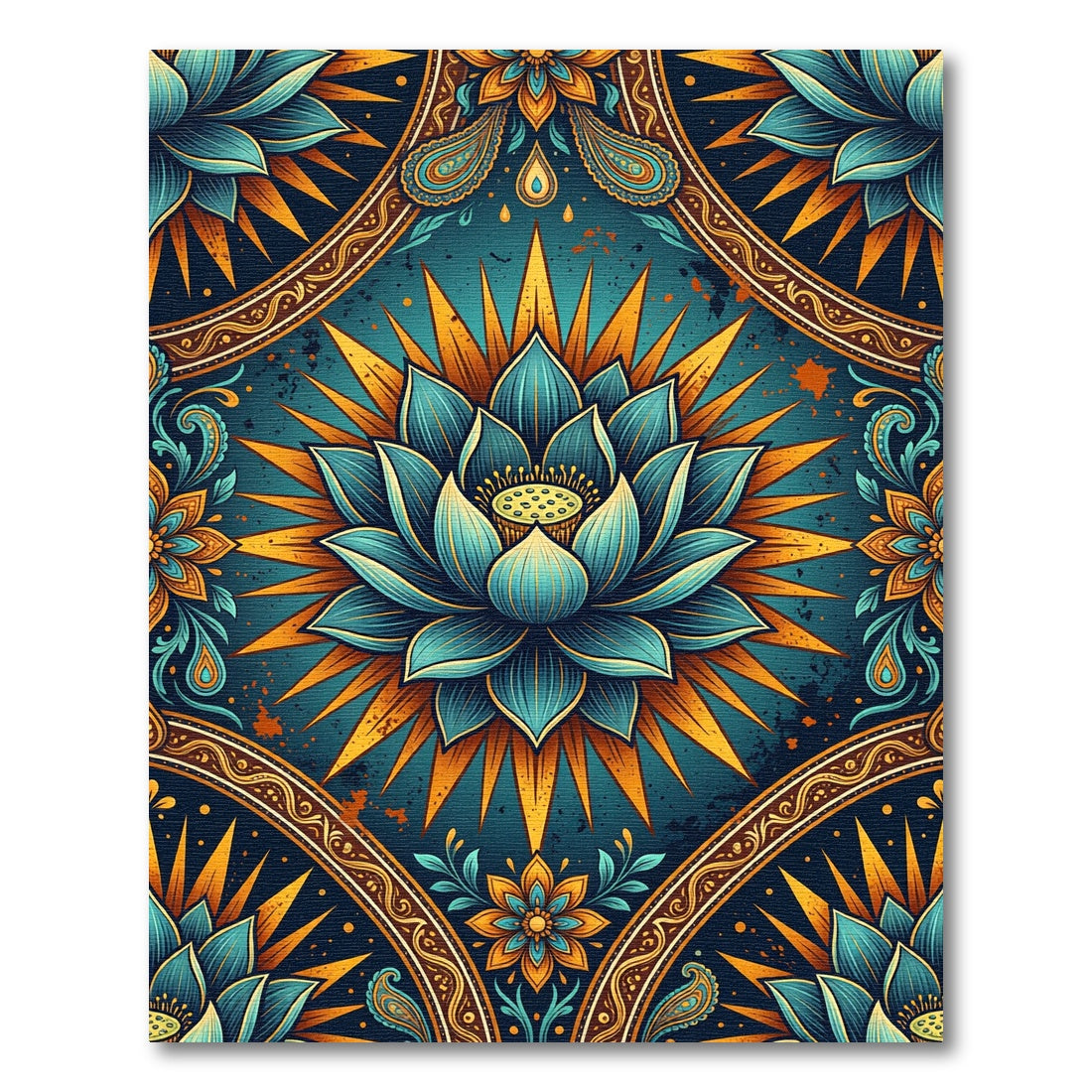 Radiant Teal Lotus Golden Sunburst Rug