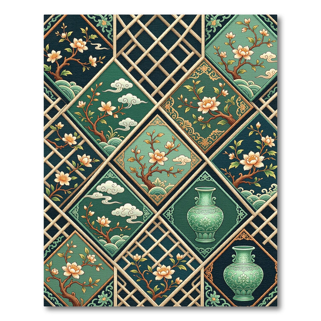 Emerald Lotus Blossom Lattice Tile Rug
