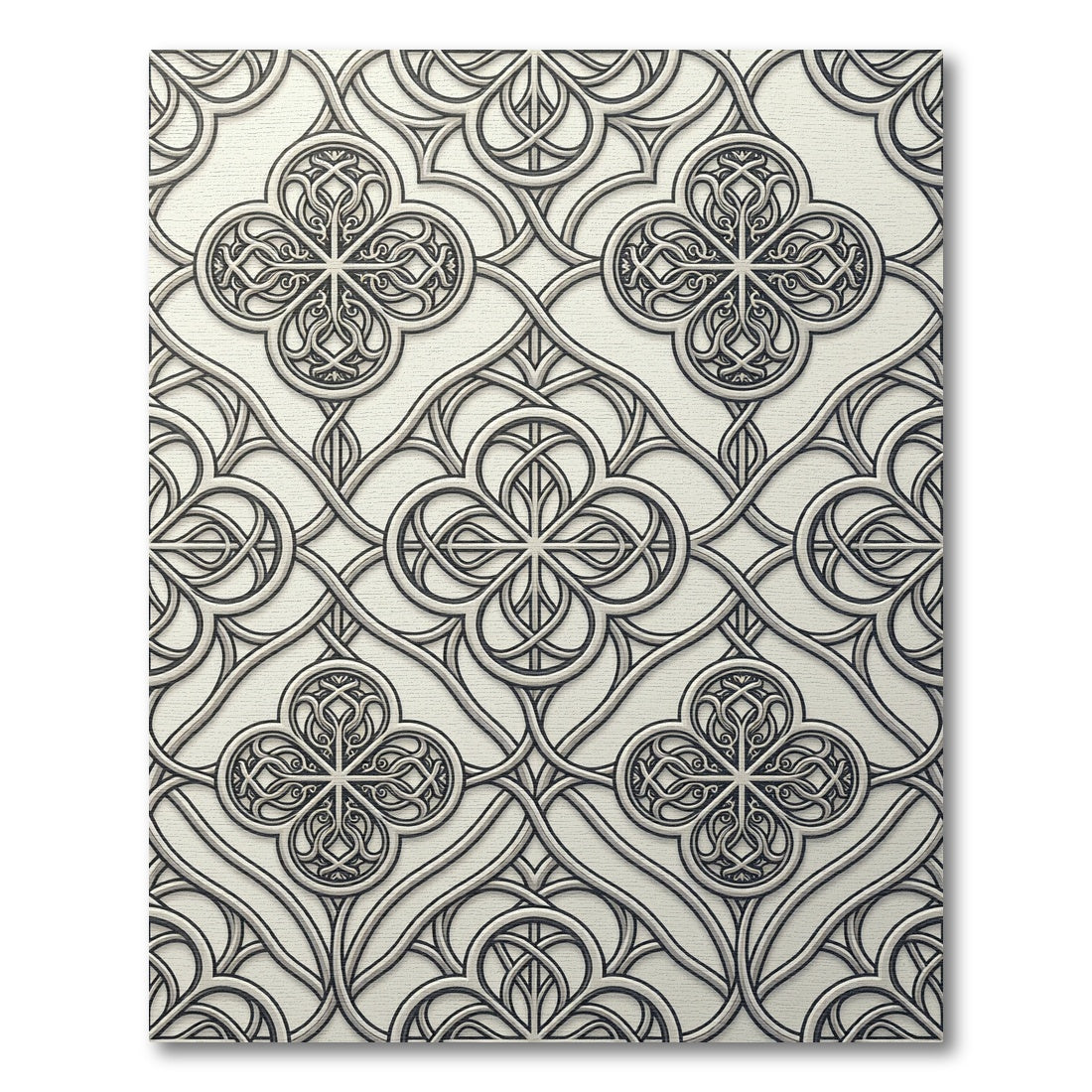 Elegant Silver Gothic Quatrefoil Scrollwork Rug
