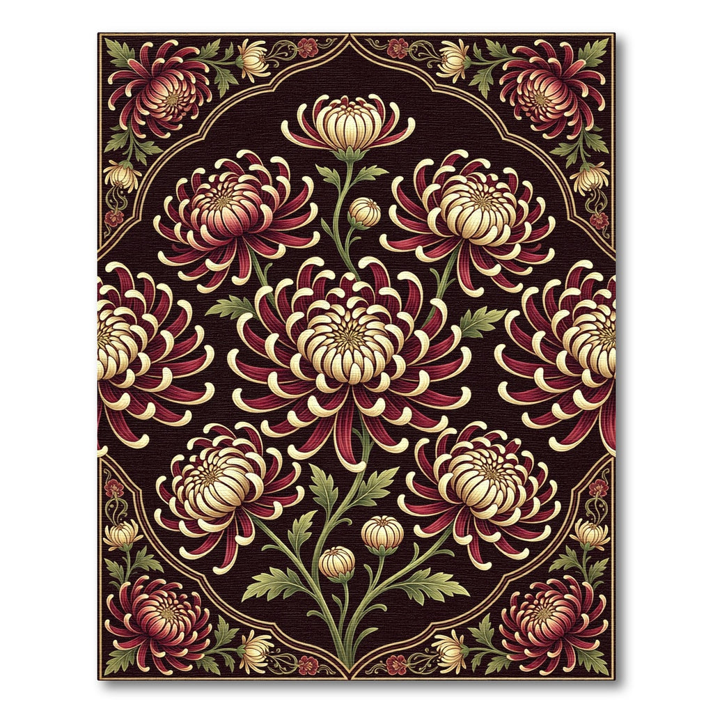 Deep Red Chrysanthemum Floral Symmetry Rug