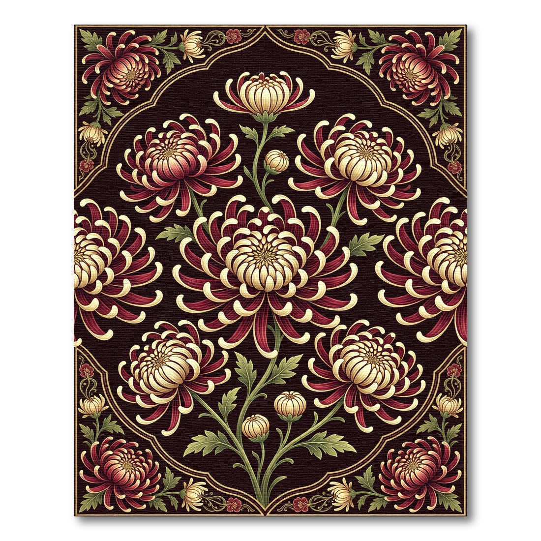 Deep Red Chrysanthemum Floral Symmetry Rug