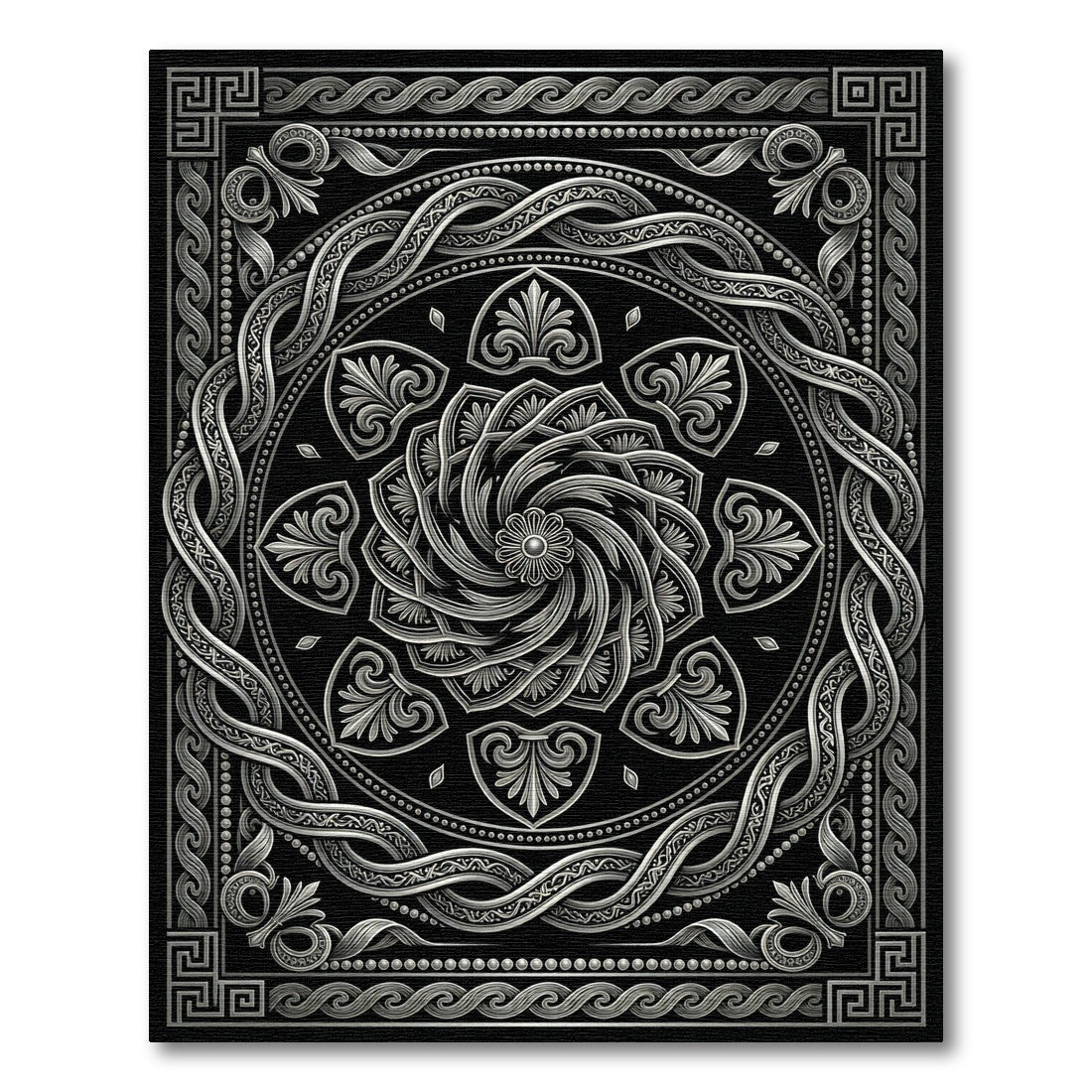 Antique Silver Intricate Mandala Border Rug