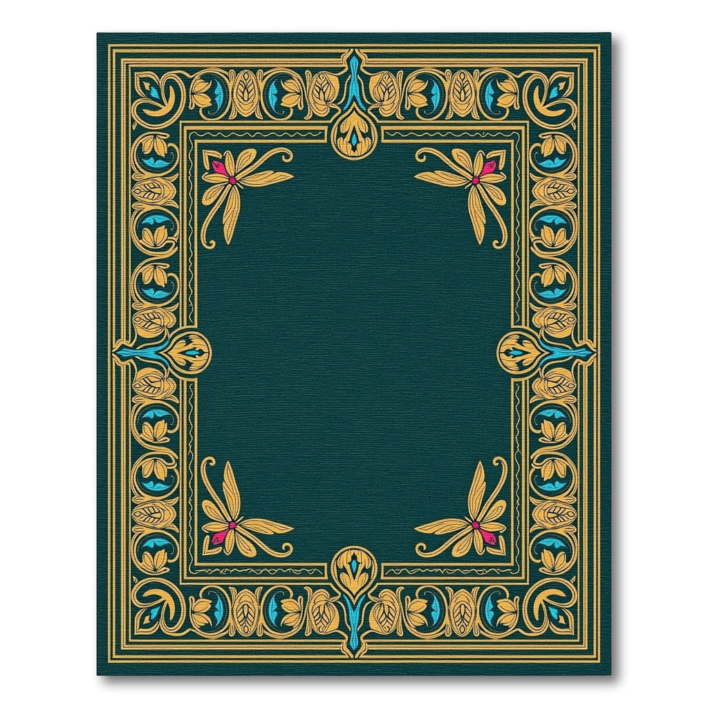 Ornate Teal Gold Floral Border Rug