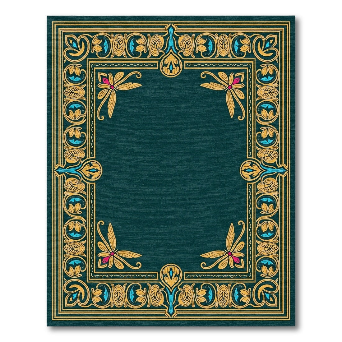 Ornate Teal Gold Floral Border Rug