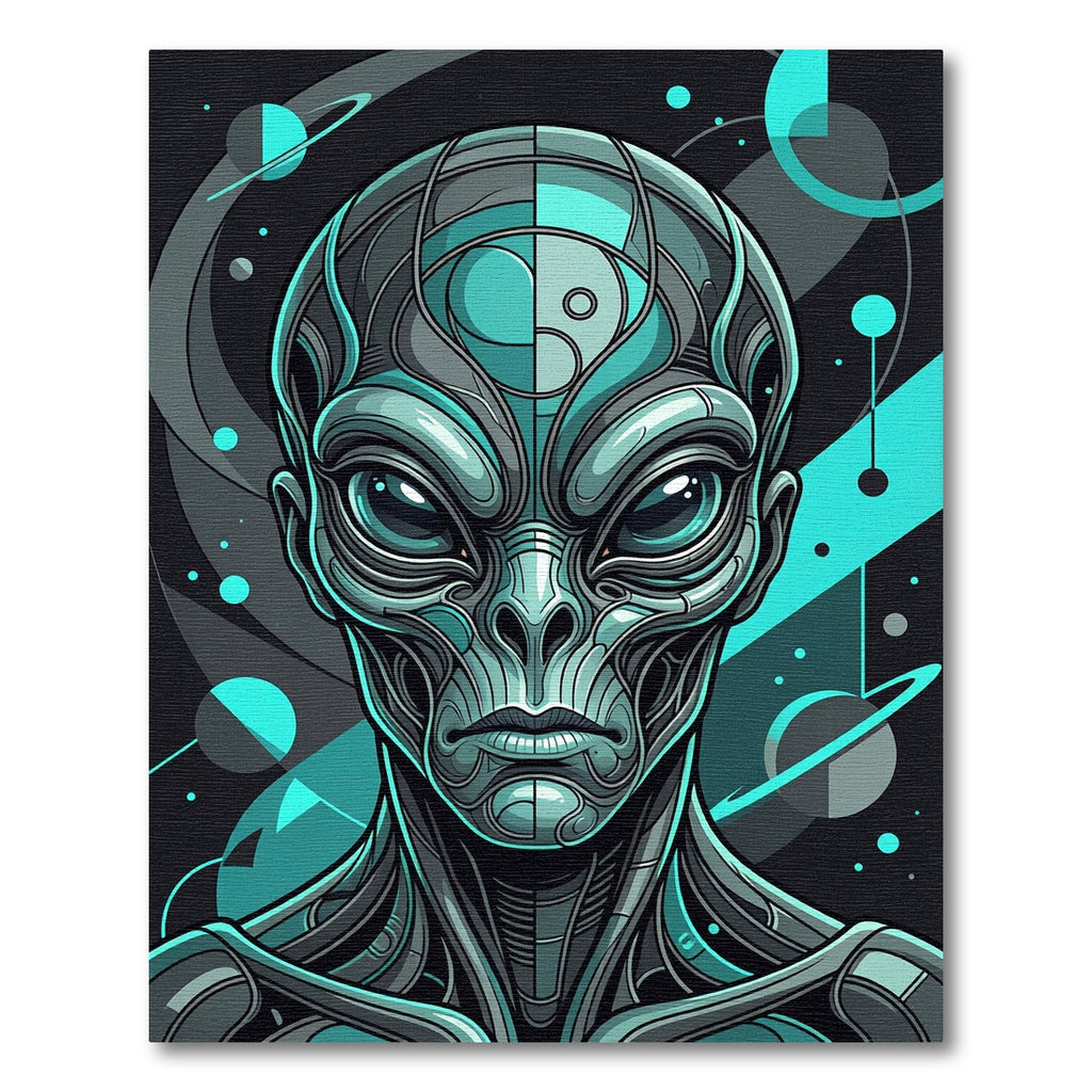 Cybernetic Alien Teal Geometric Portrait Rug