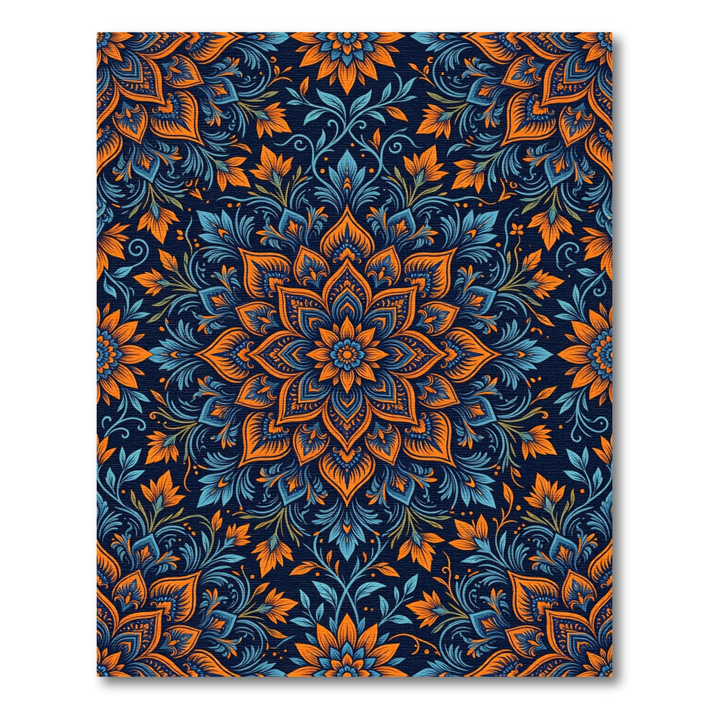 Orange Blue Floral Medallion Art Rug