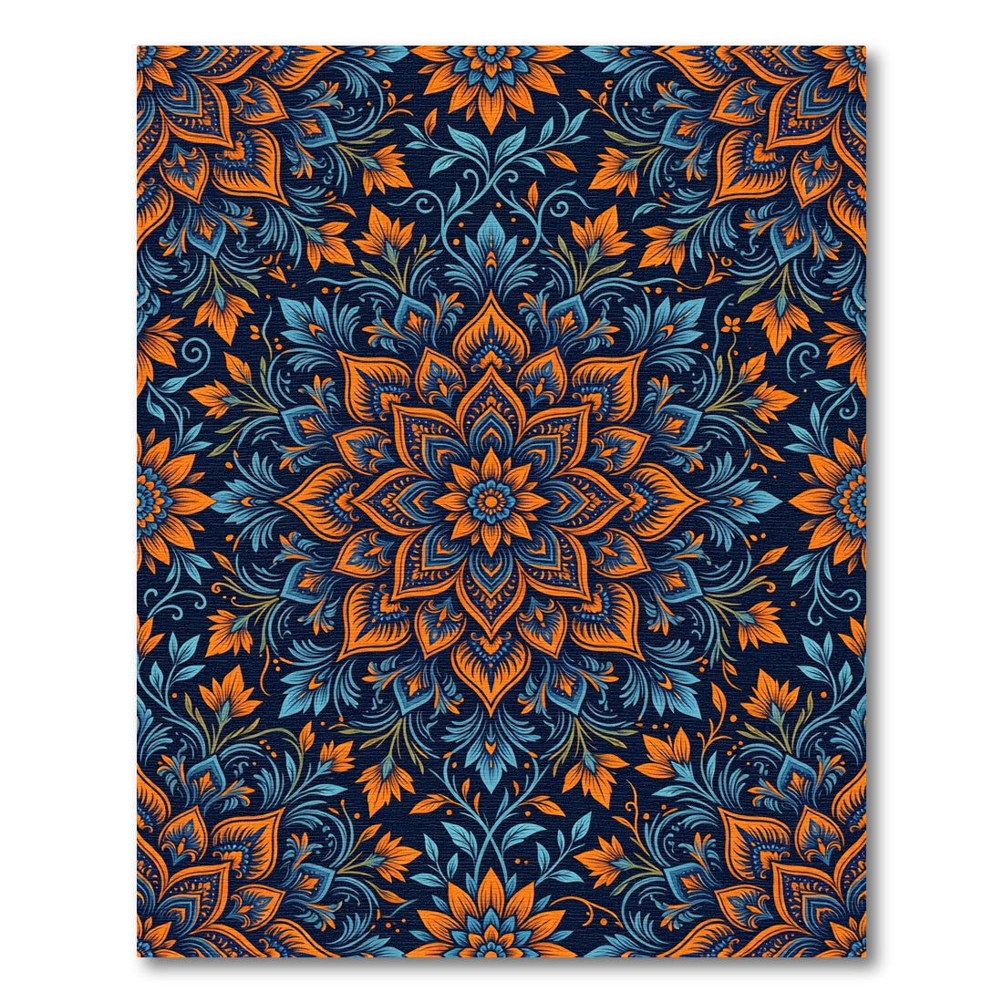 Orange Blue Floral Medallion Art Rug