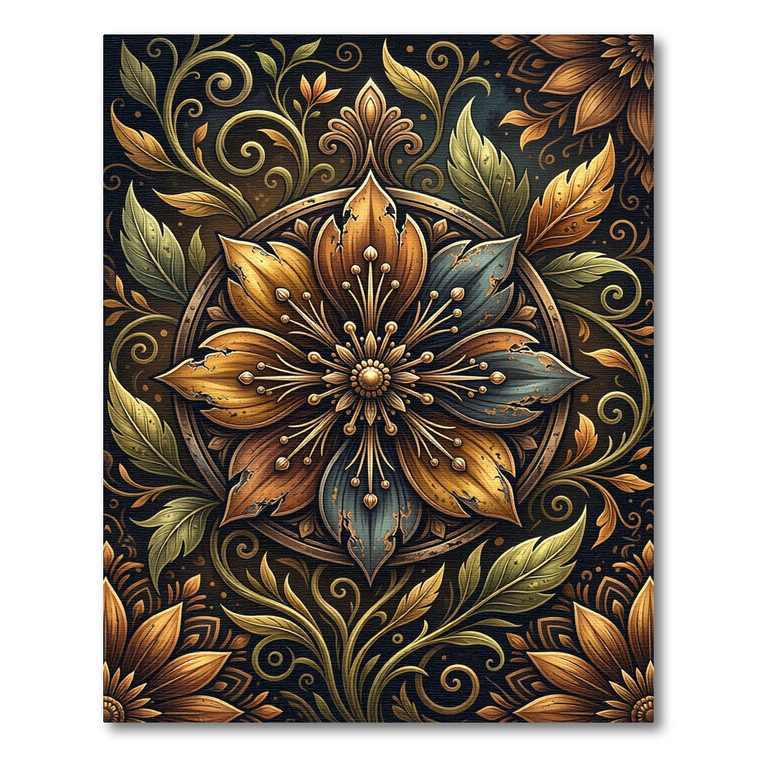 Golden Antiqued Floral Medallion Scroll Rug