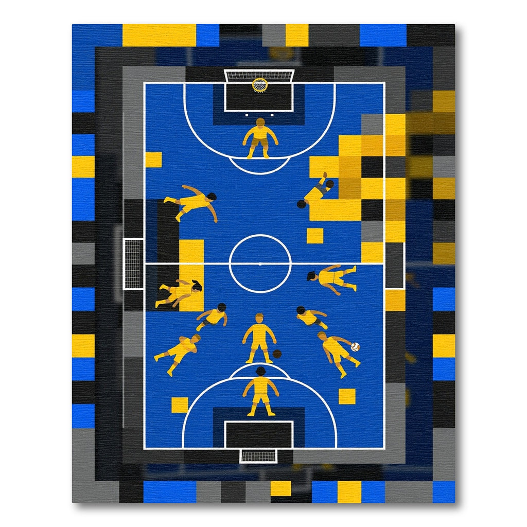 Abstract Blue Yellow Pixelated Soccer Field Rug