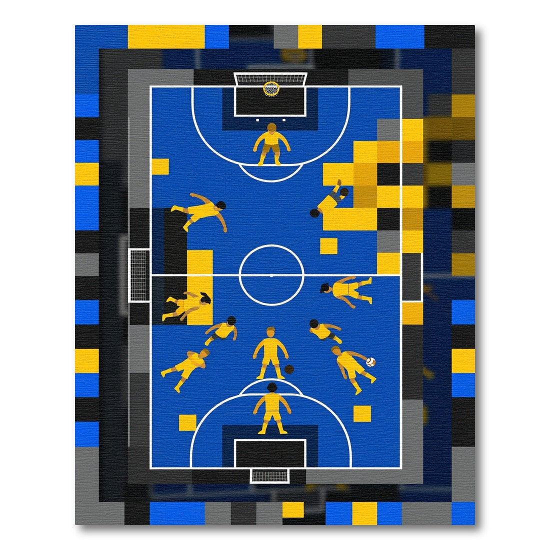 Abstract Blue Yellow Pixelated Soccer Field Rug