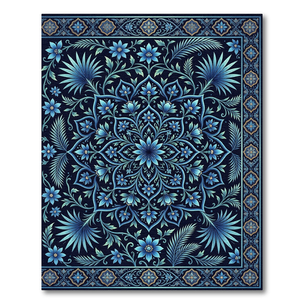 Elegant Indigo Floral Mandala Medallion Rug