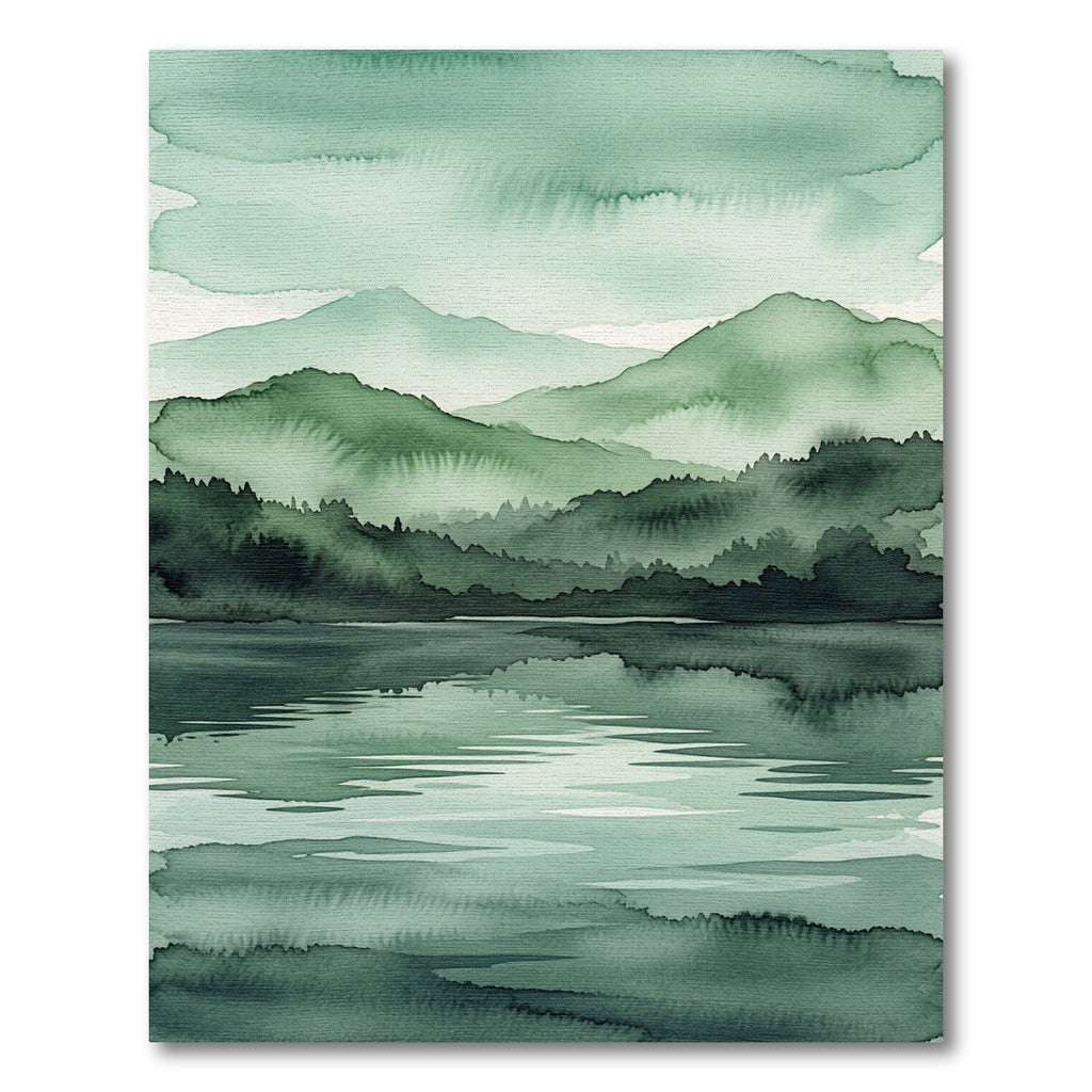 Serene Watercolor Green Mountain Lake Landscape Rug