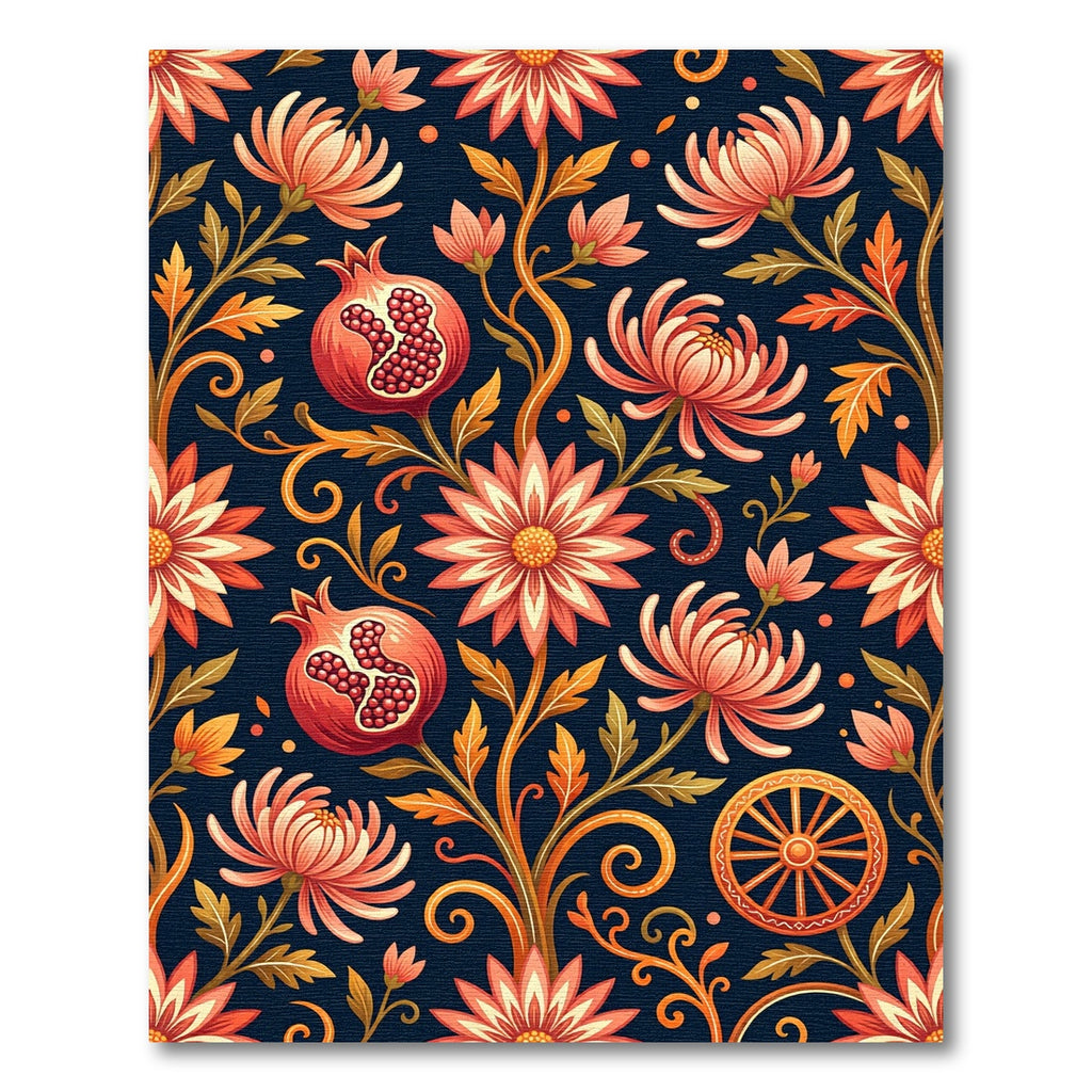 Coral Floral Pomegranate Dark Botanical Rug