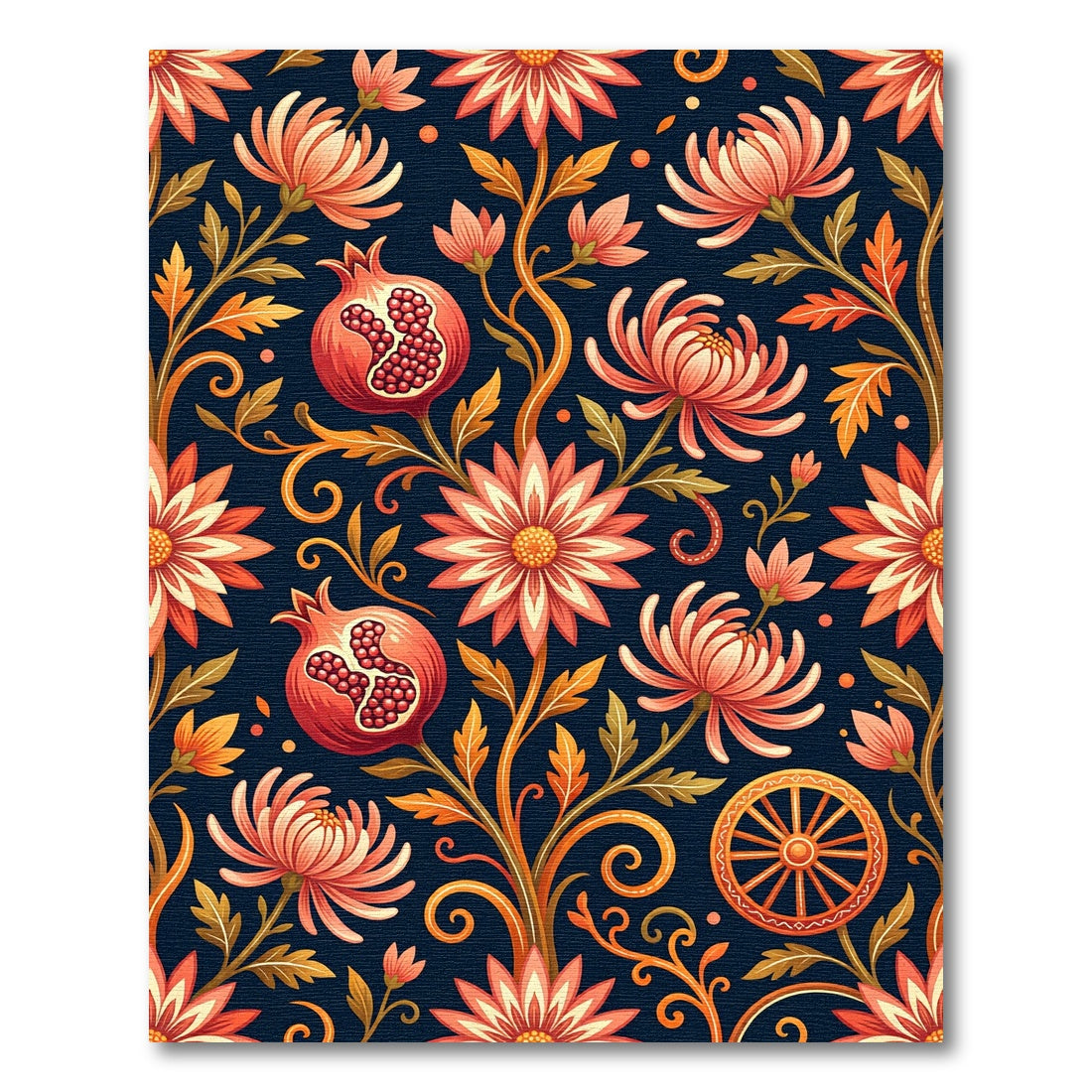 Coral Floral Pomegranate Dark Botanical Rug