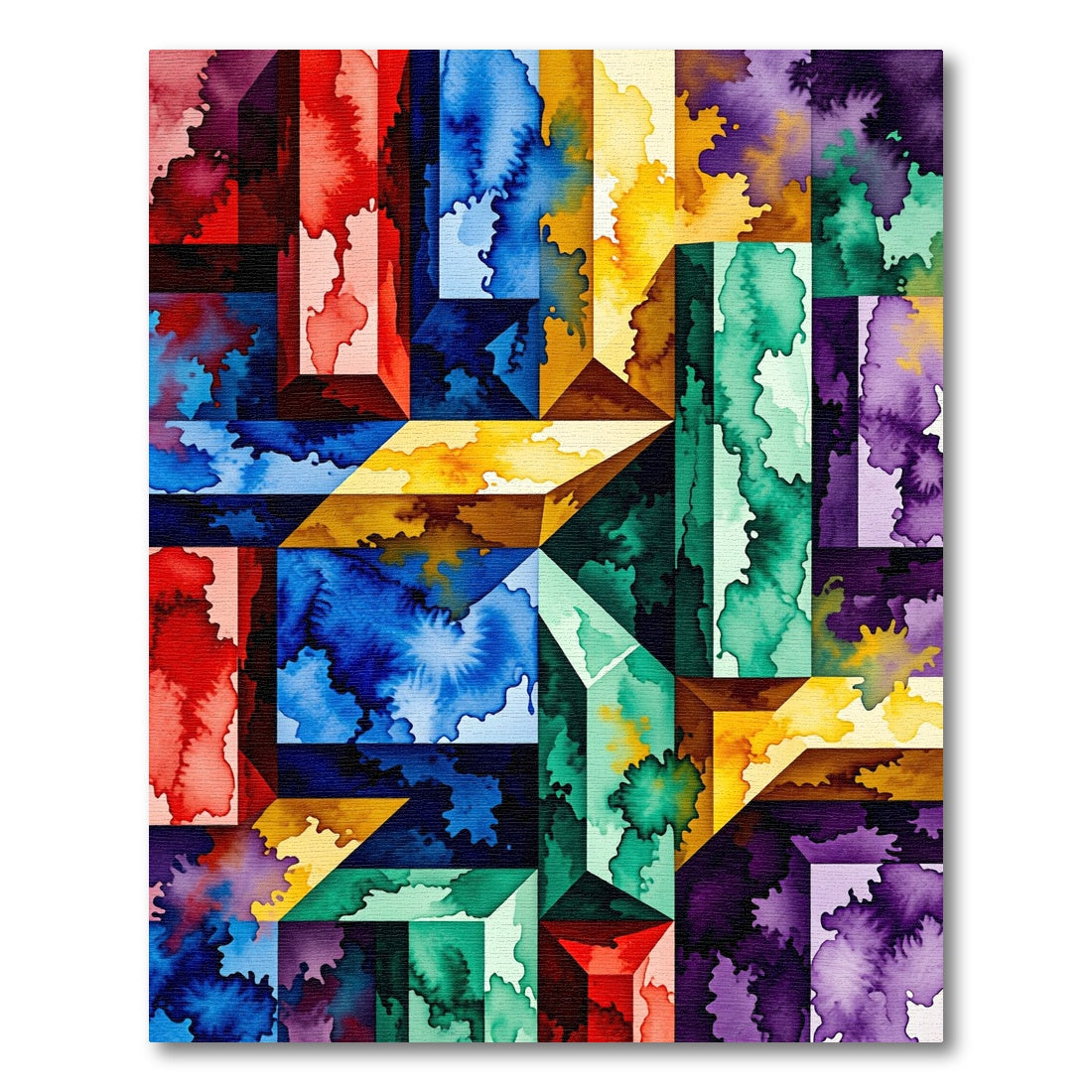 Vibrant Geometric Watercolor Cube Multicolored Art Rug