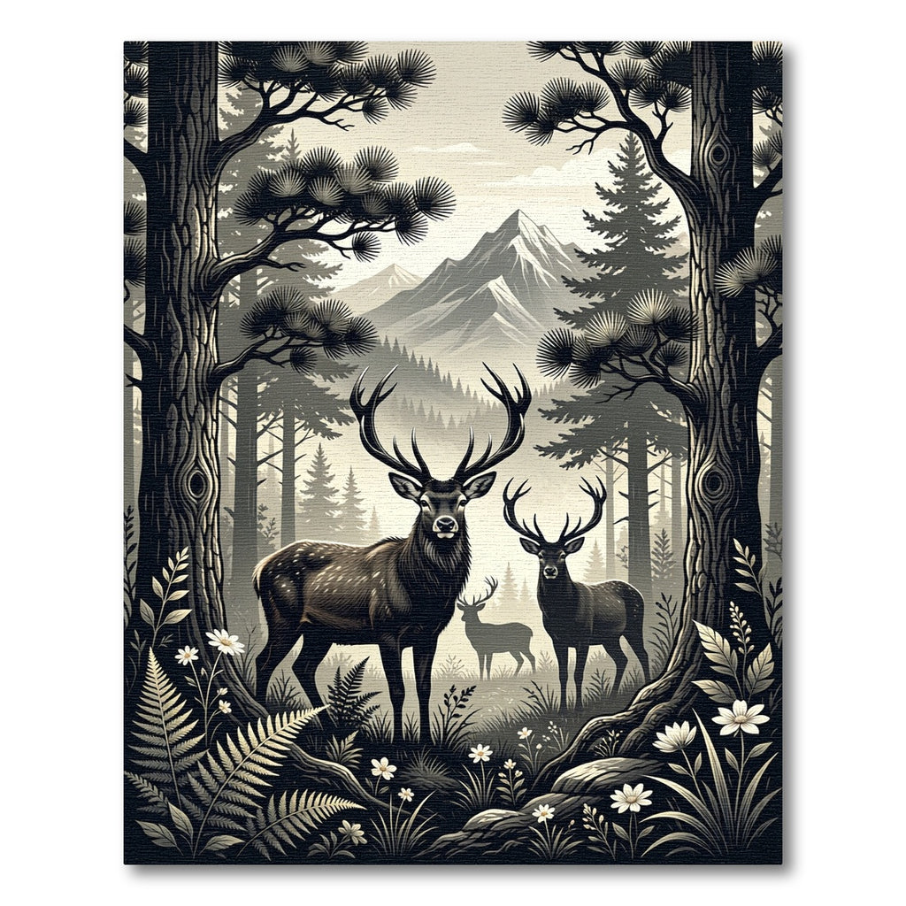 Monochrome Mountain Forest Deer Landscape Rug