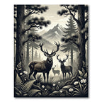 Monochrome Mountain Forest Deer Landscape Rug