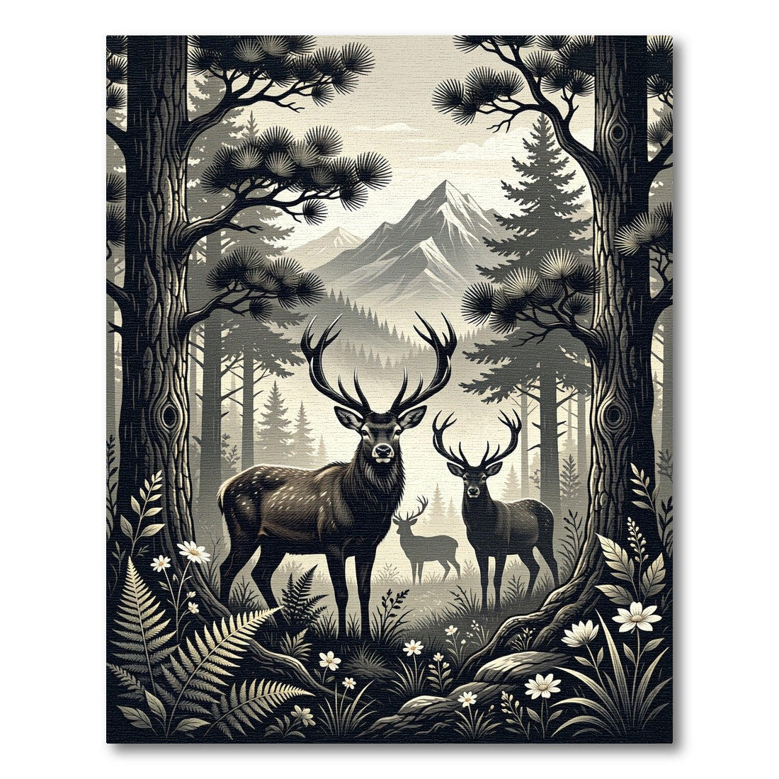 Monochrome Mountain Forest Deer Landscape Rug