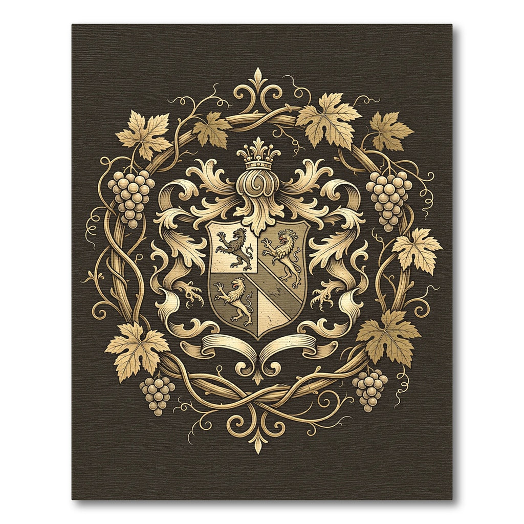 Ornate Gold Heraldic Vine Crest Rug