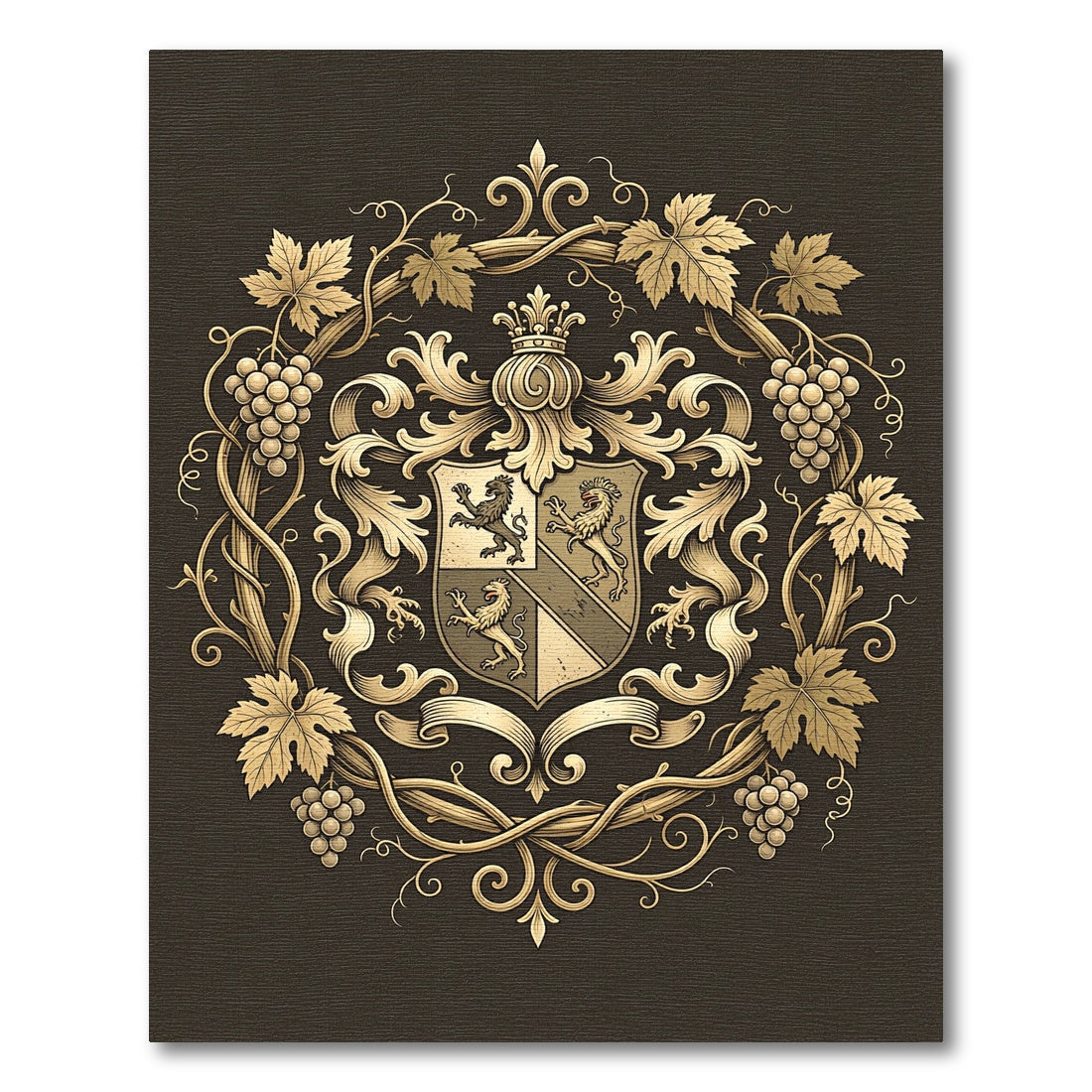Ornate Gold Heraldic Vine Crest Rug