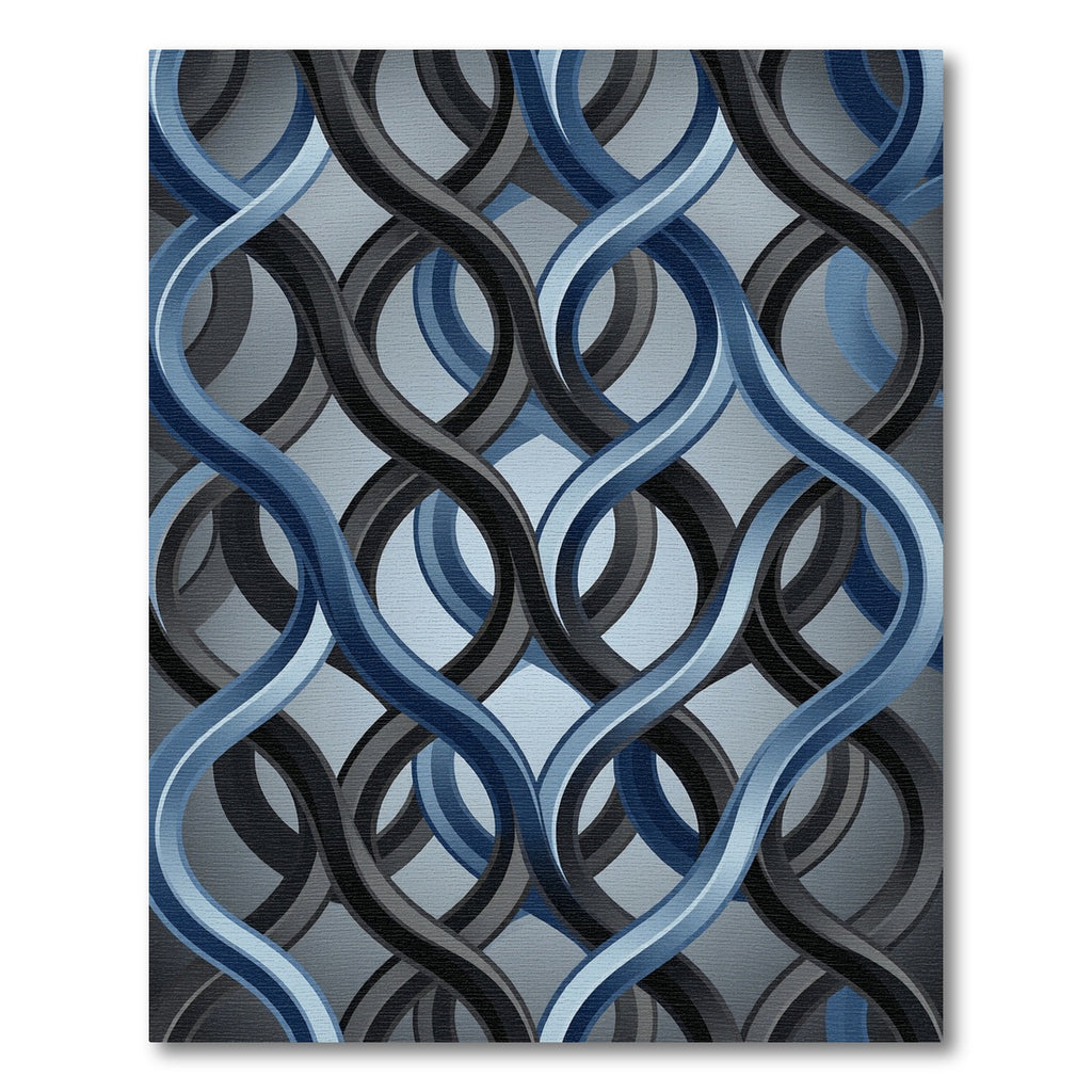 Modern Charcoal and Blue Interlocking Wave Rug
