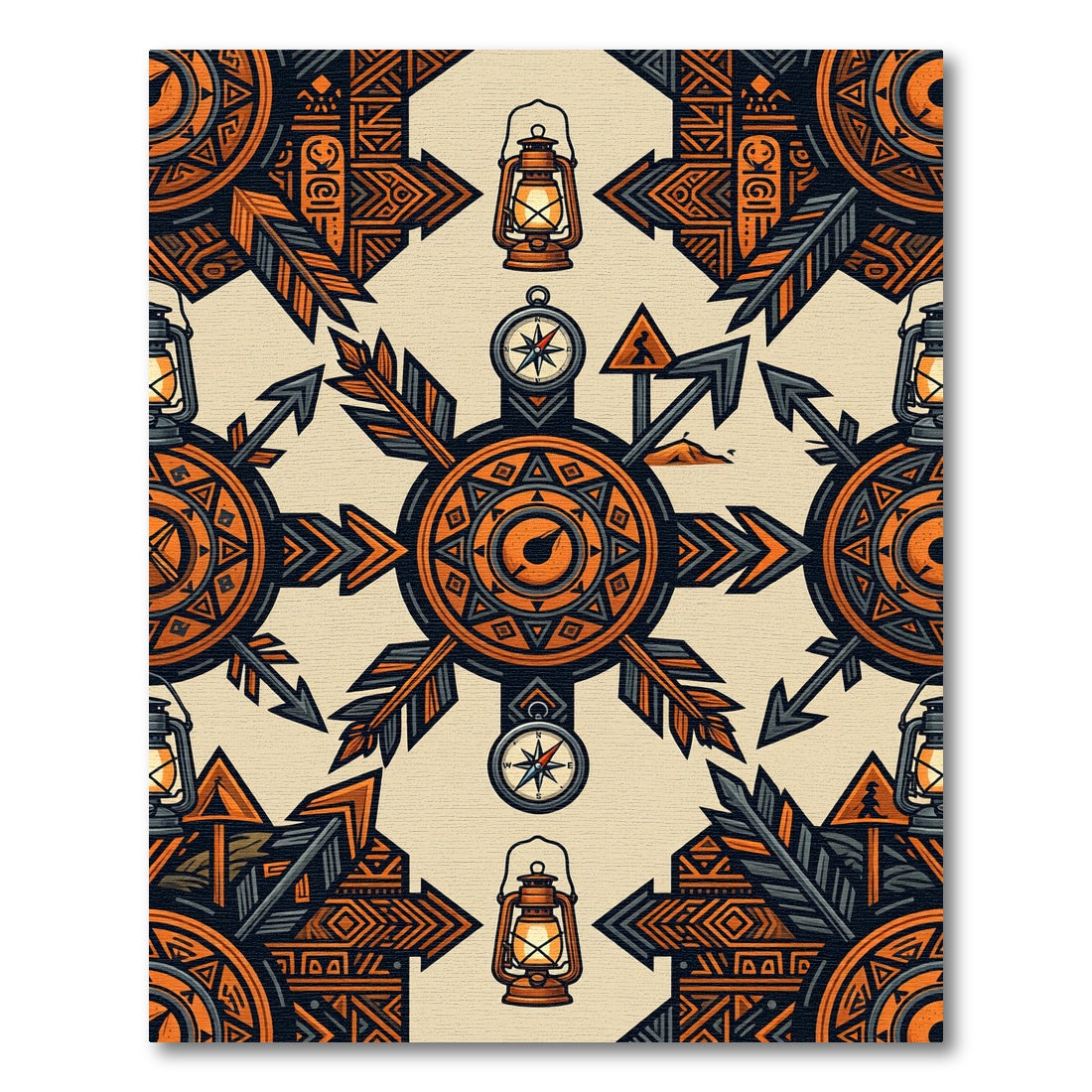 Earthy Orange Lantern Compass Adventure Compass Rug