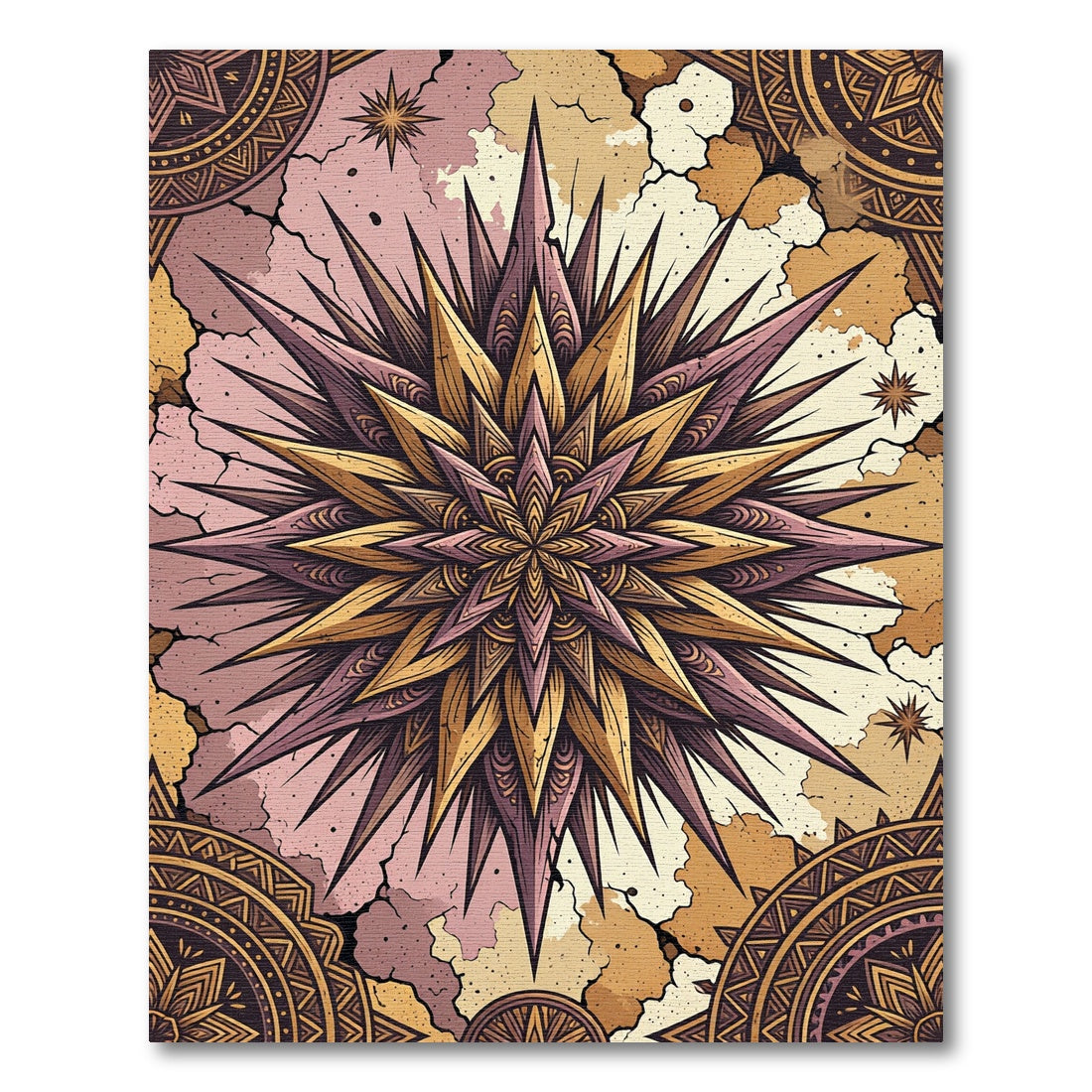 Golden Purple Spiky Starburst Mandala Rug