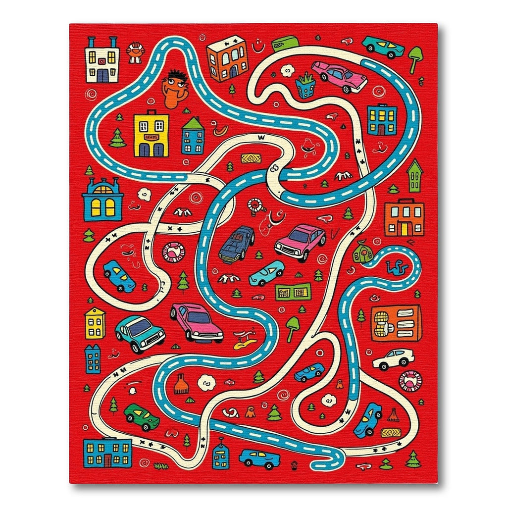 Playful Red City Car Maze Rug