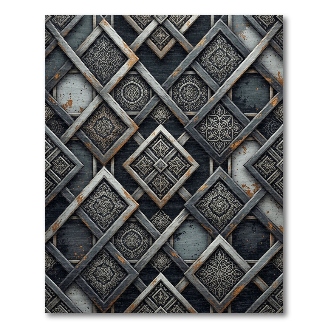 Ornate Interlocking Gray Square Medallions Rug