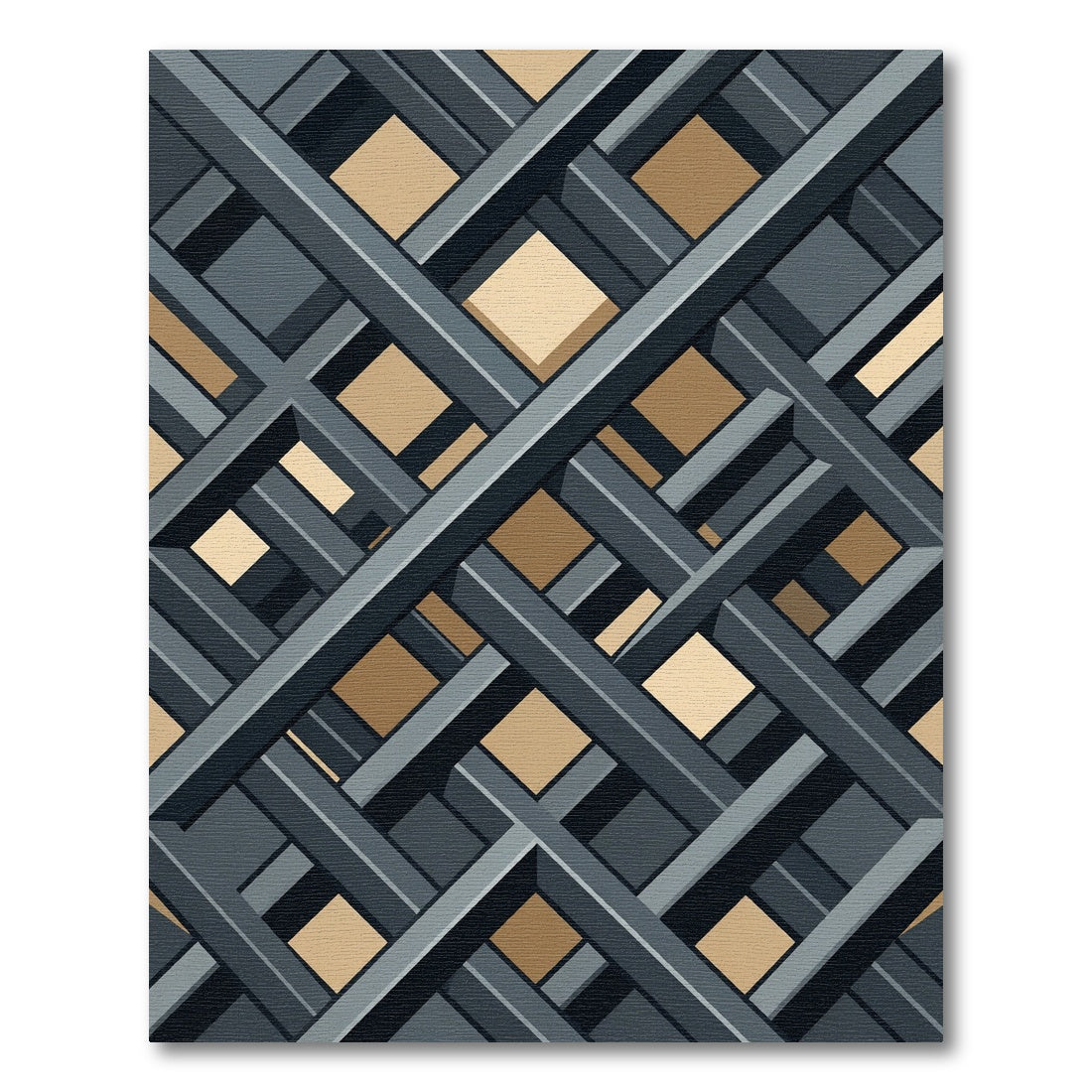 Geometric Charcoal and Gold Lattice Rug