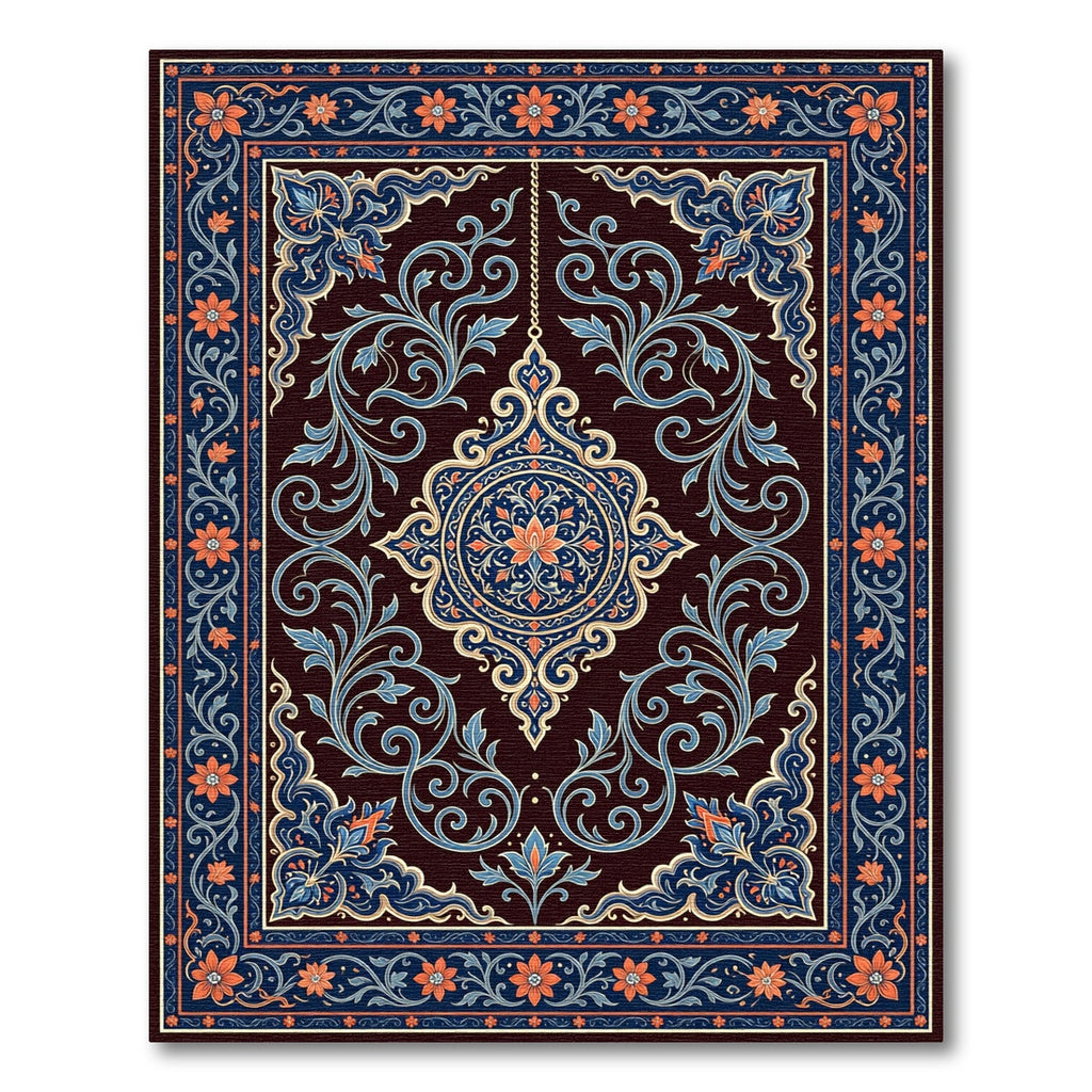 Ornate Indigo Floral Medallion Scroll Rug