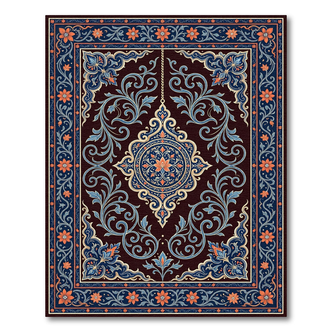 Ornate Indigo Floral Medallion Scroll Rug