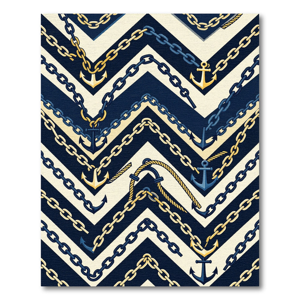 Navy Gold Nautical Chevron Chain Anchor Rug