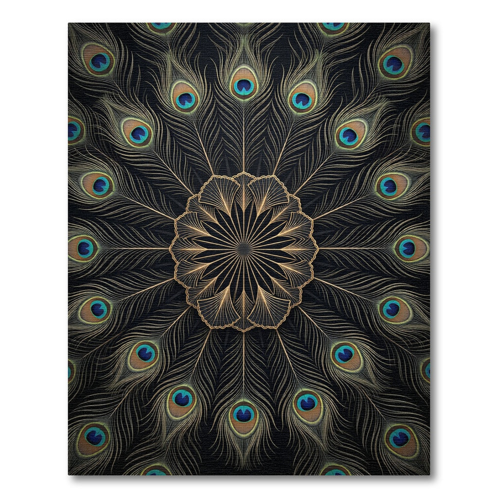 Golden Peacock Feather Mandala Medallion Rug