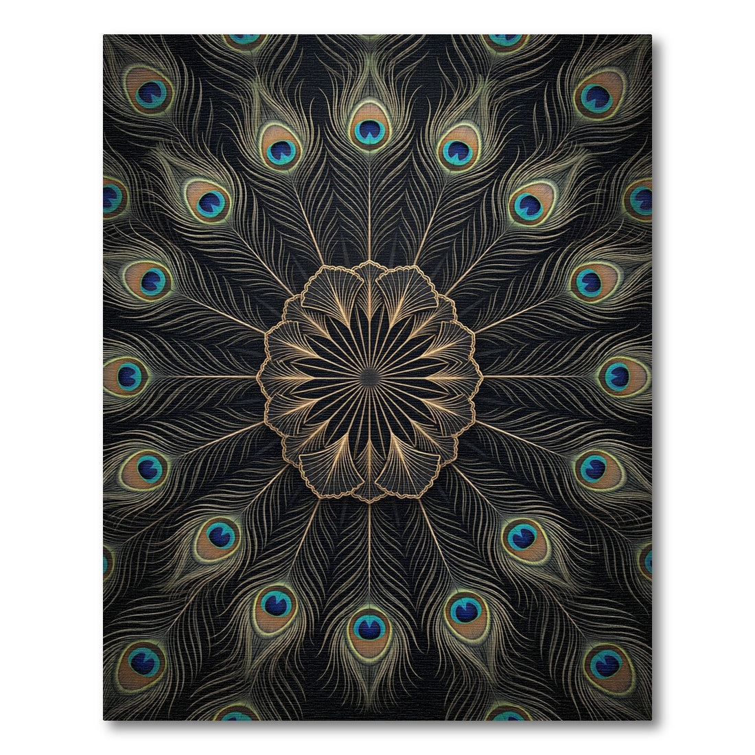 Golden Peacock Feather Mandala Medallion Rug