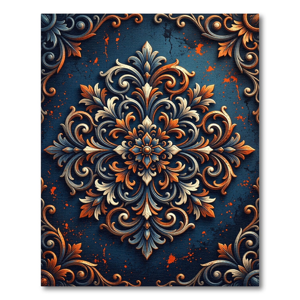 Ornate Blue Orange Scrollwork Medallion Rug