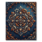Ornate Blue Orange Scrollwork Medallion Rug