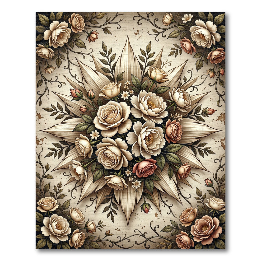 Elegant Cream Floral Bouquet Medallion Rug