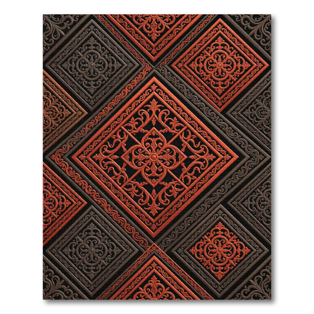 Terracotta Orange Scrollwork Diamond Tile Rug