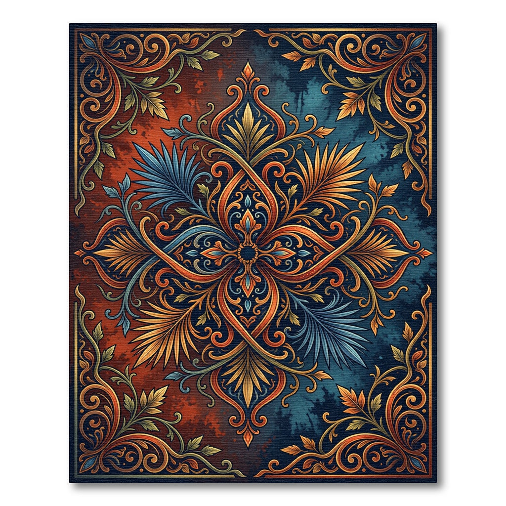 Rich Teal Orange Scrollwork Leaf Rug