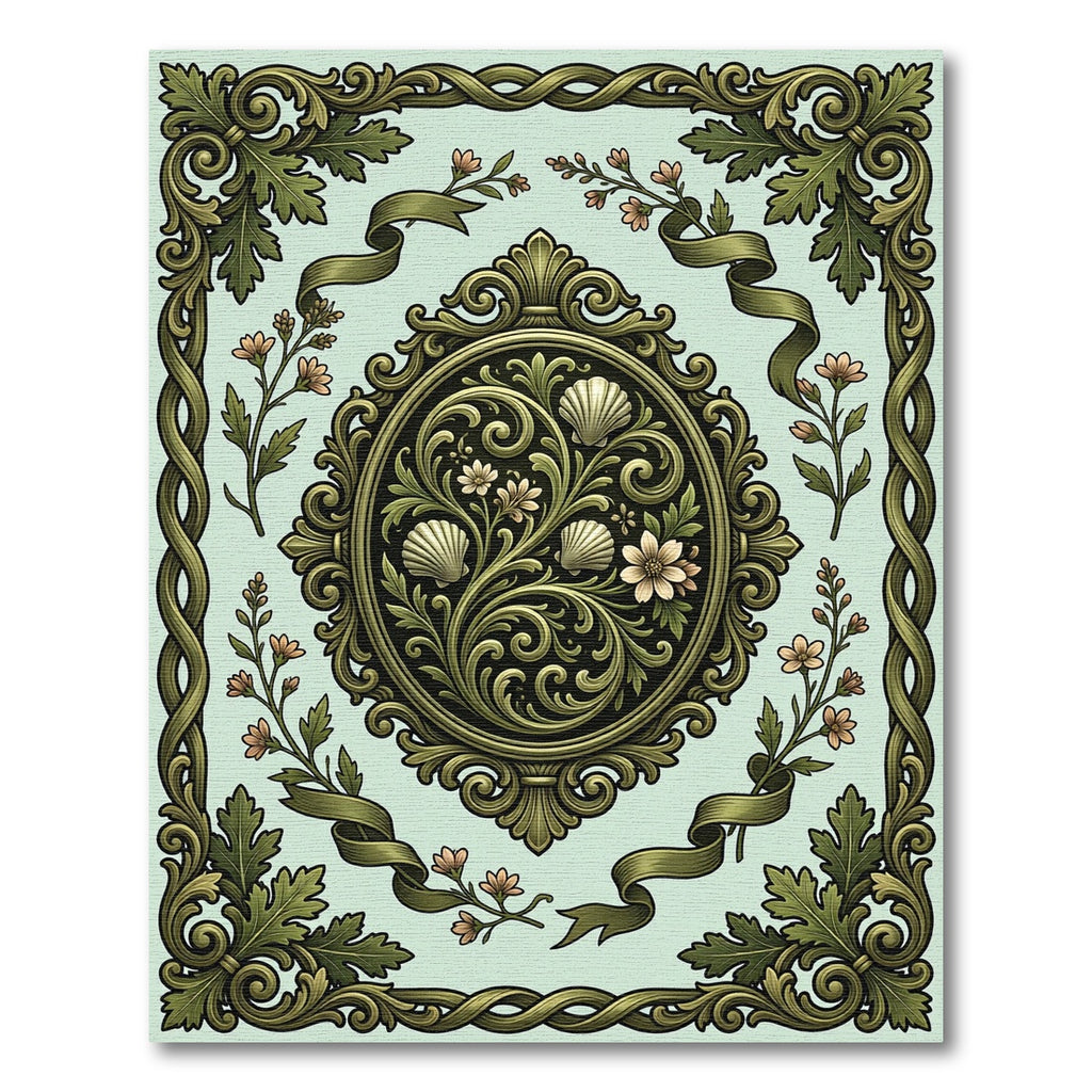 Elegant Sage Shell Scroll Floral Medallion Rug