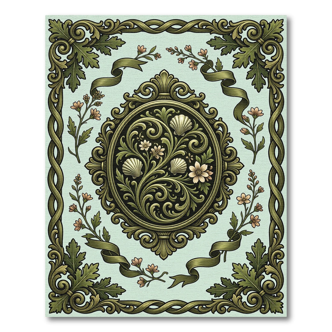 Elegant Sage Shell Scroll Floral Medallion Rug