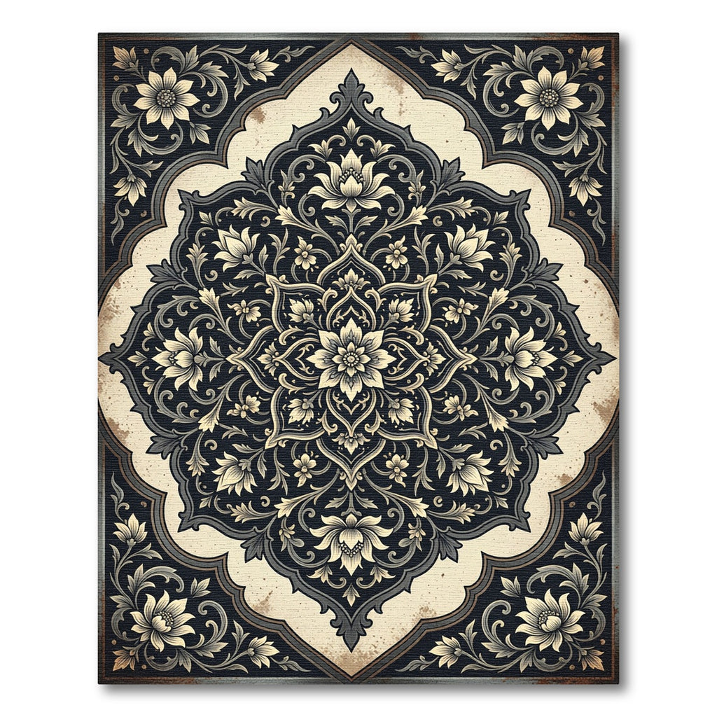 Elegant Charcoal Cream Floral Medallion Rug