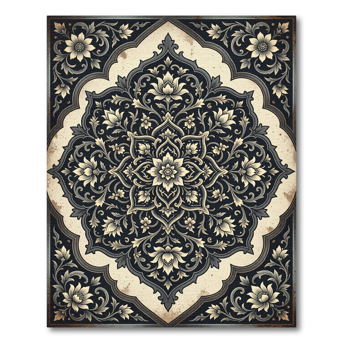 Elegant Charcoal Cream Floral Medallion Rug