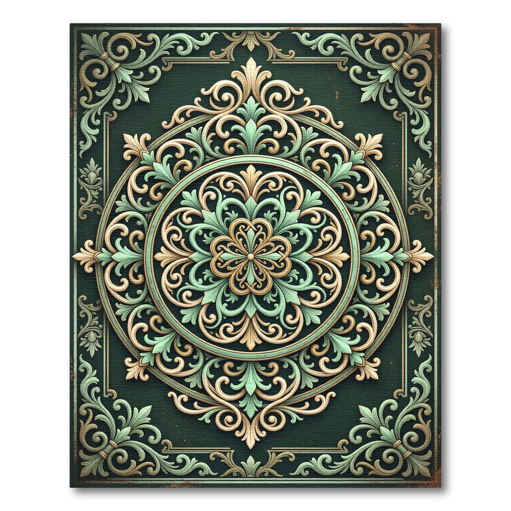Dark Green Filigree Floral Medallion Rug