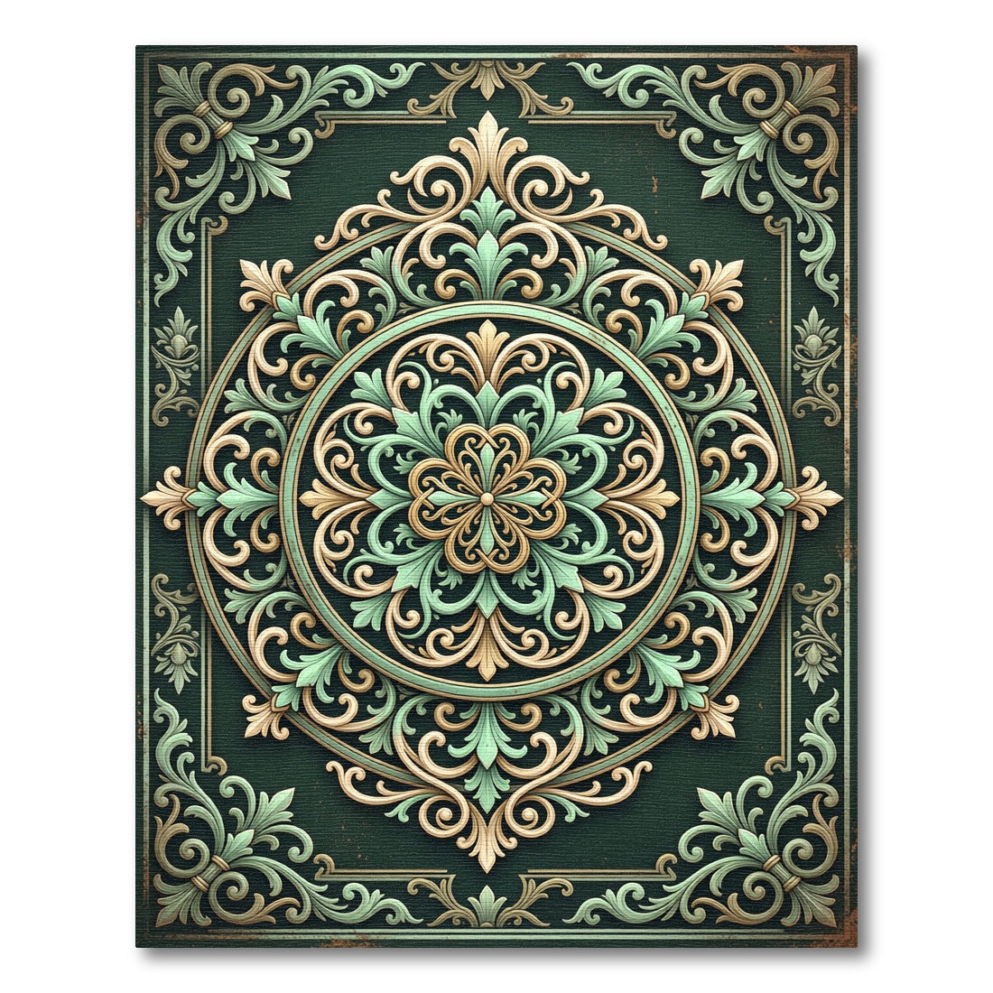 Dark Green Filigree Floral Medallion Rug