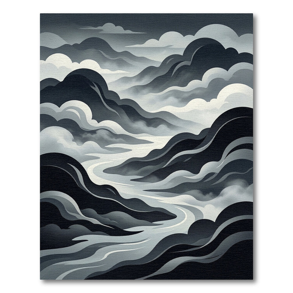 Monochromatic Misty Mountain River Rug