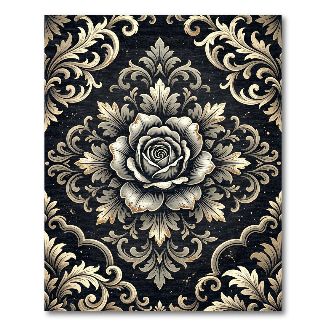 Elegant Gold Rose Black Damask Rug