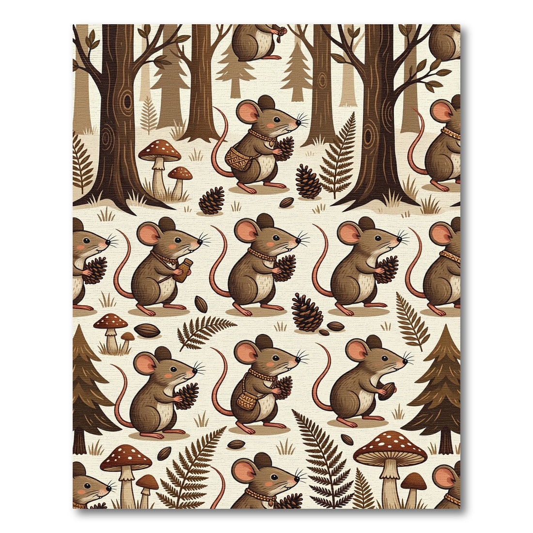 Whimsical Woodland Mouse and Pinecone Illustration Rug