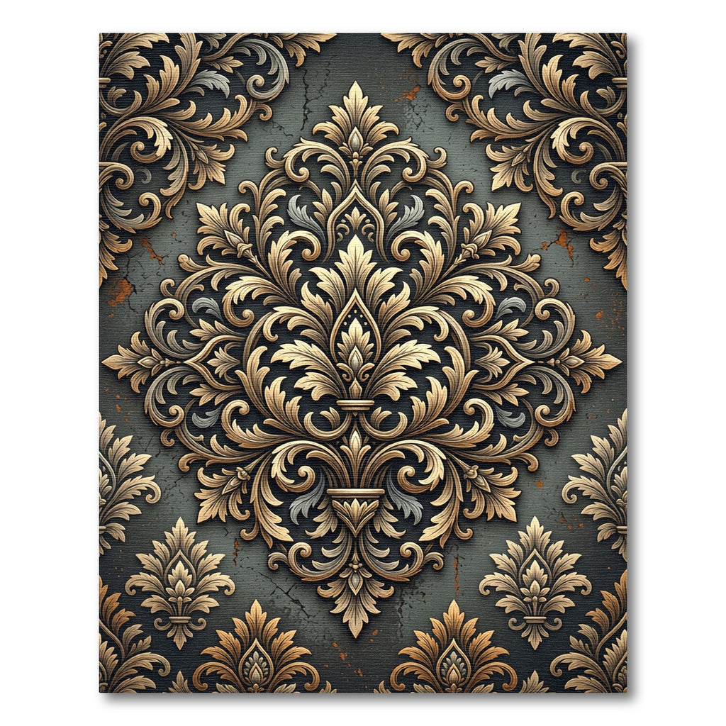 Ornate Golden Damask Charcoal Scroll Rug
